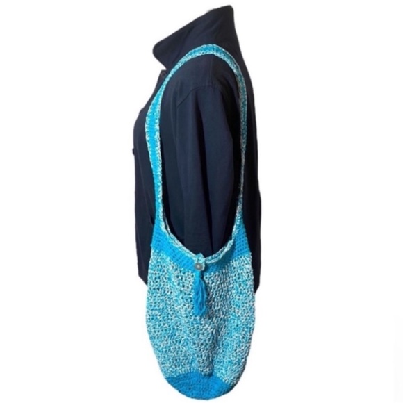 Hand Crafted Crochet Cotton Bag Hobo Bucket Turquoise Blue White Tassel Handmade - Picture 1 of 17